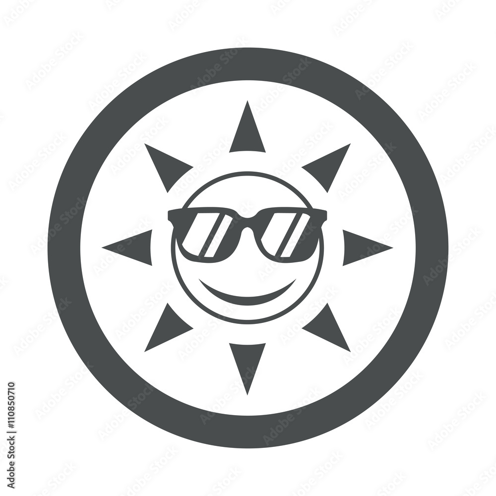 Icono plano sol con gafas de sol en circulo color gris Icono plano sol con gafas de sol en circulo color gris