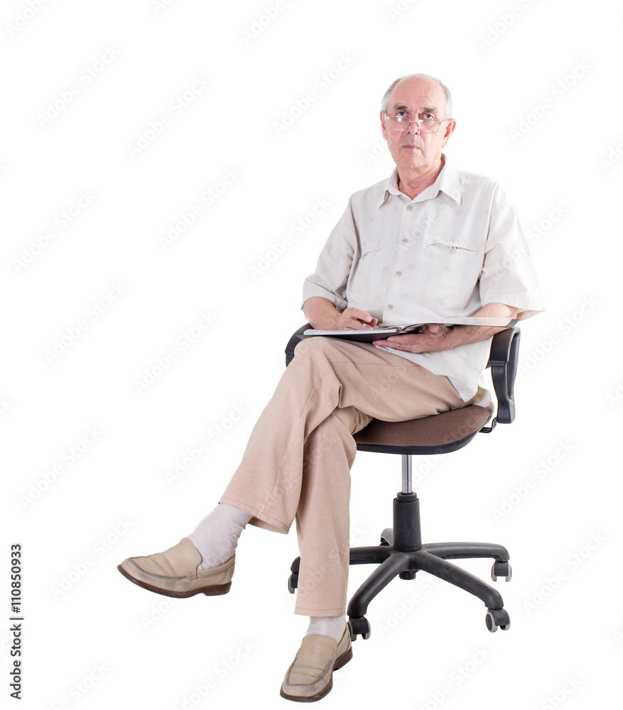 Old man in glasses with folder and pen. Old man in glasses with folder and pen.