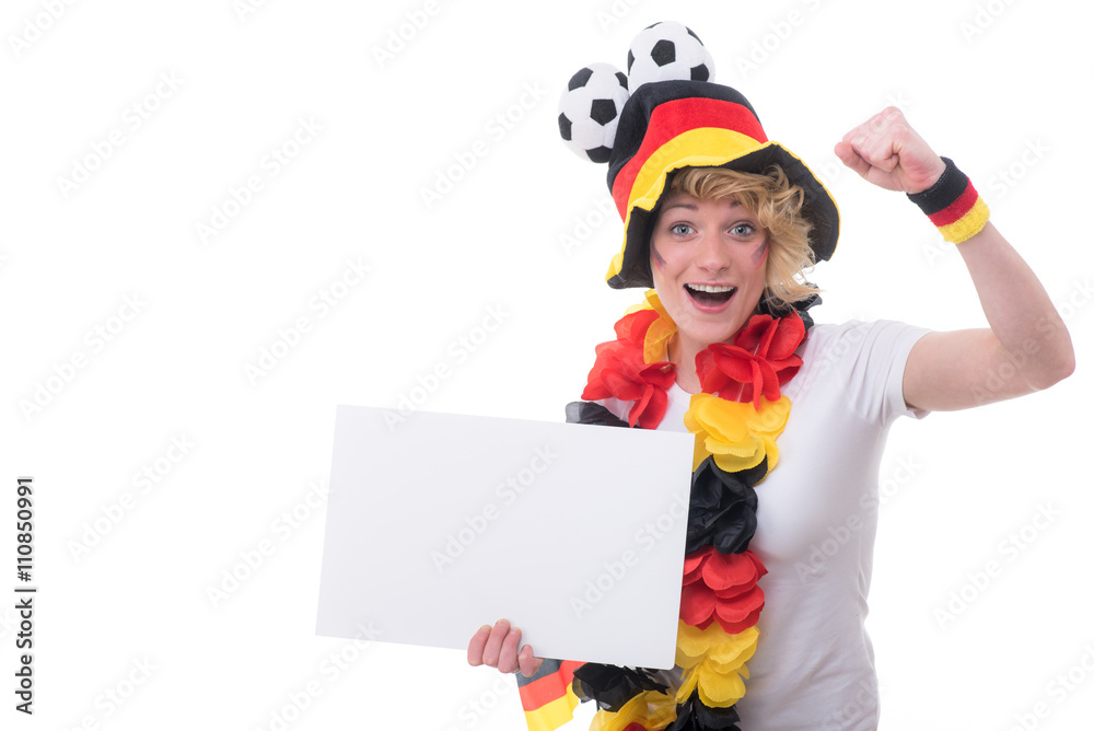 glücklicher deutschlandfan mit hinweisschild glücklicher deutschlandfan mit hinweisschild