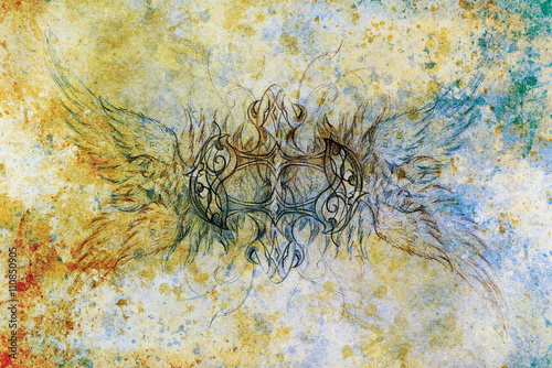 drawing of ornamental dragon on old paper background computer collage. and color structure.