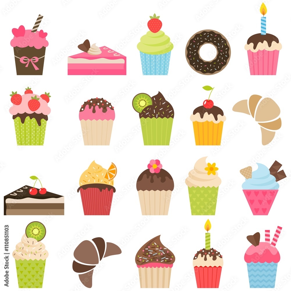 set of cupcakes and pieces of cake set of cupcakes and pieces of cake