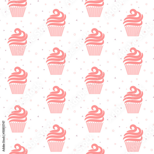 Pink cupcake seamless pattern. Sweet cake light cartoon texture design. Patisserie package and website background tileable design.