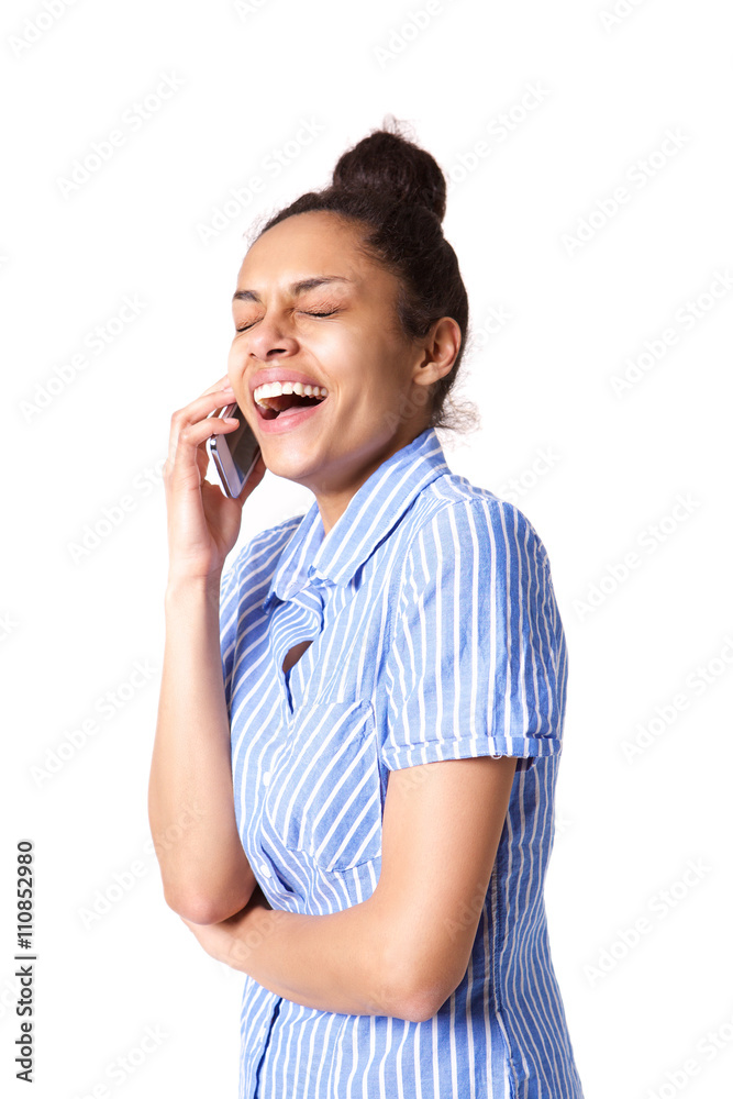 Cheerful young african woman talking on mobile phone Cheerful young african woman talking on mobile phone