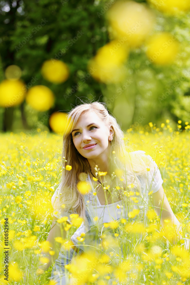 woman on the meadow with yellow flowers woman on the meadow with yellow flowers