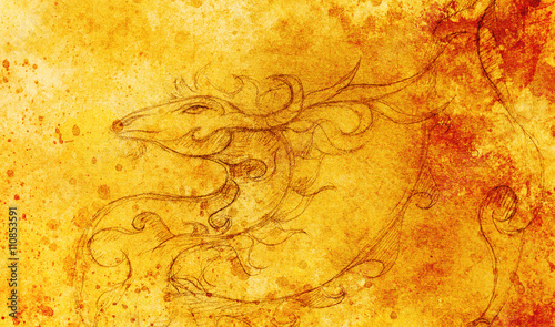 drawing of ornamental animal on old paper background and sepia color structure.