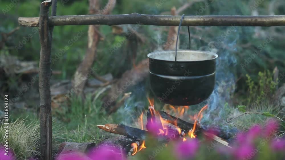 Rhododendron flowers with bonfire on background