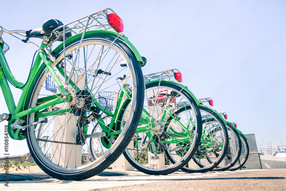 Green bicycles in a row close up perspective -  Sharing bikes lined up outdoors - Concept of alternative transportation for the protection and respect of the environment