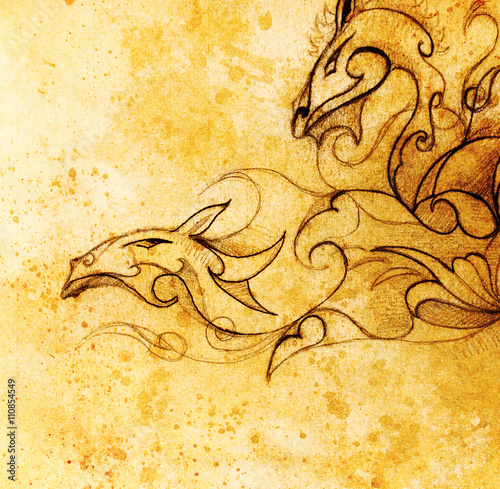 drawing of ornamental dragon on old paper background and sepia color structure.
