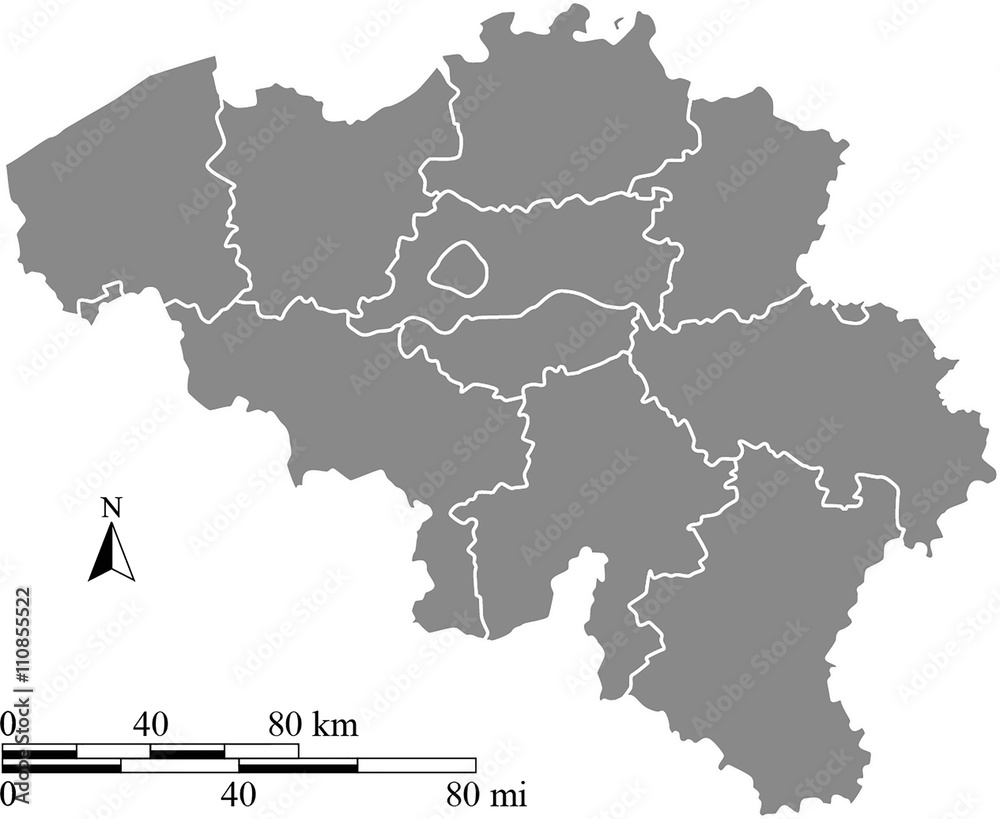 Belgium map vector outline with scales of miles and kilometers in gray background