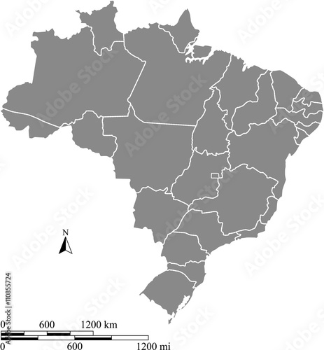 Brazil map vector outline with scales of miles and kilometers in gray background photo
