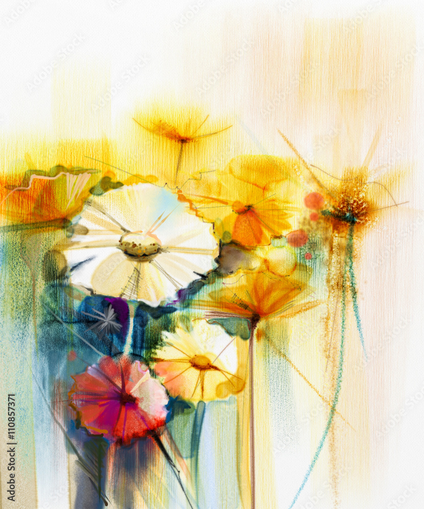 Obraz premium Abstract watercolor painting of spring flower. Still life of yellow, pink and red gerbera, daisy. Colorful bouquet flowers with light yellow, green, blue background. Hand Painted floral Impressionist