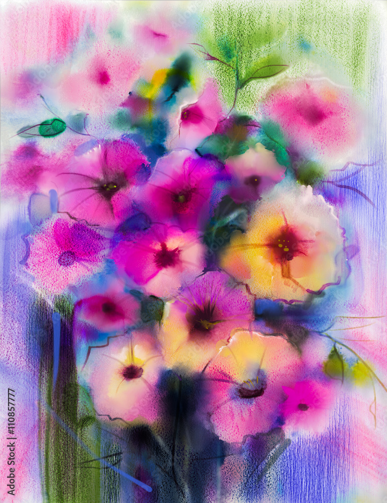 Obraz premium Abstract floral watercolor painting. Hand paint White, Yellow, Pink and Red color of daisy- gerbera flowers in soft color on blue- green color background.Spring flower seasonal nature background