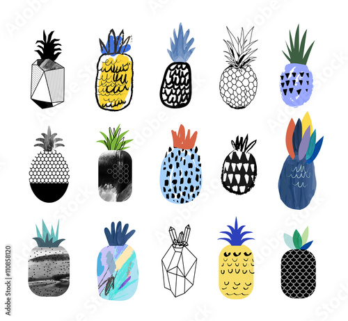 Collection of cute pineapples with different textures. Vector. 