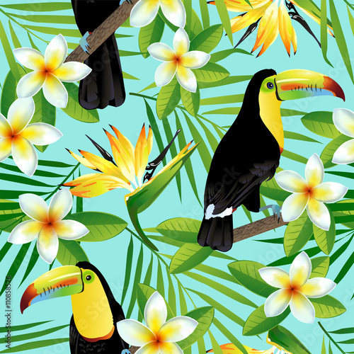 Tropical birds and palm leaves seamless background. Vector.