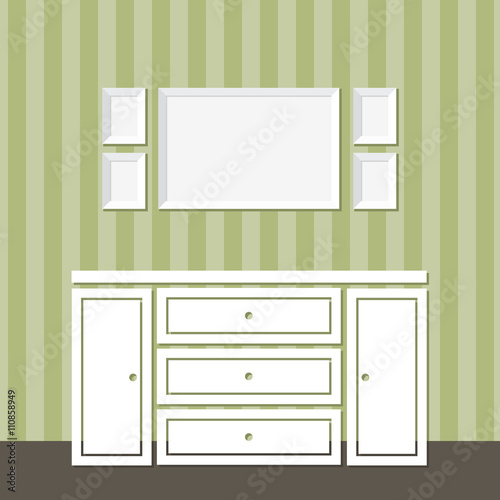 Interior with  photo frames on the wall and dresser