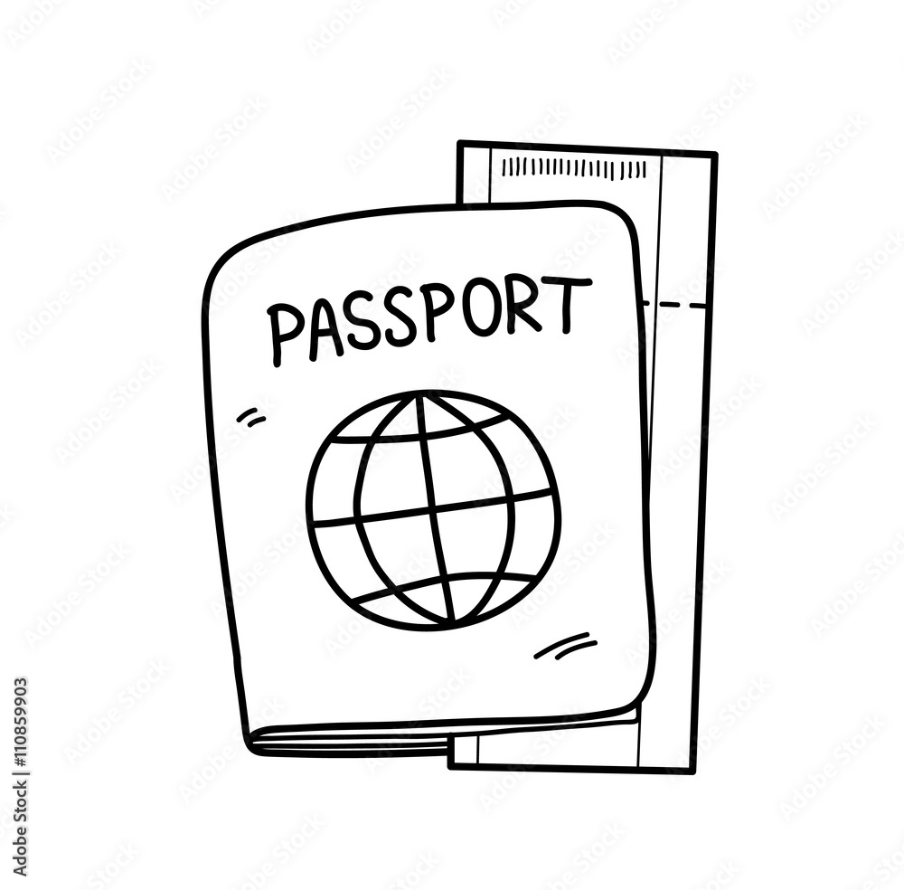 Passport, a hand drawn vector doodle illustration of a passport and a plane ticket. Passport, a hand drawn vector doodle illustration of a passport and a plane ticket.