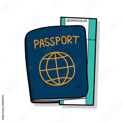 Passport, a hand drawn vector illustration of a passport and a plane ticket.