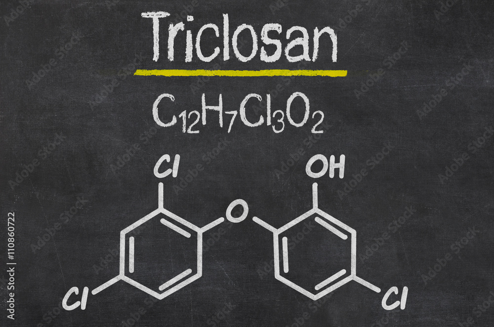Schiefertafel mit der chemischen Formel von Triclosan Stock