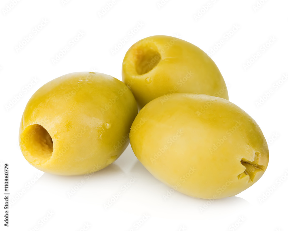 Three green olives isolated on white background.
