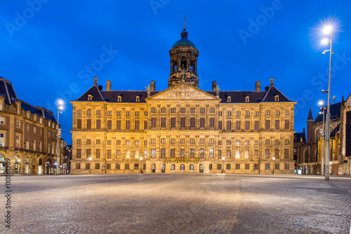 Royal Palace in Amsterdam on the Dam Square in the evening. Neth