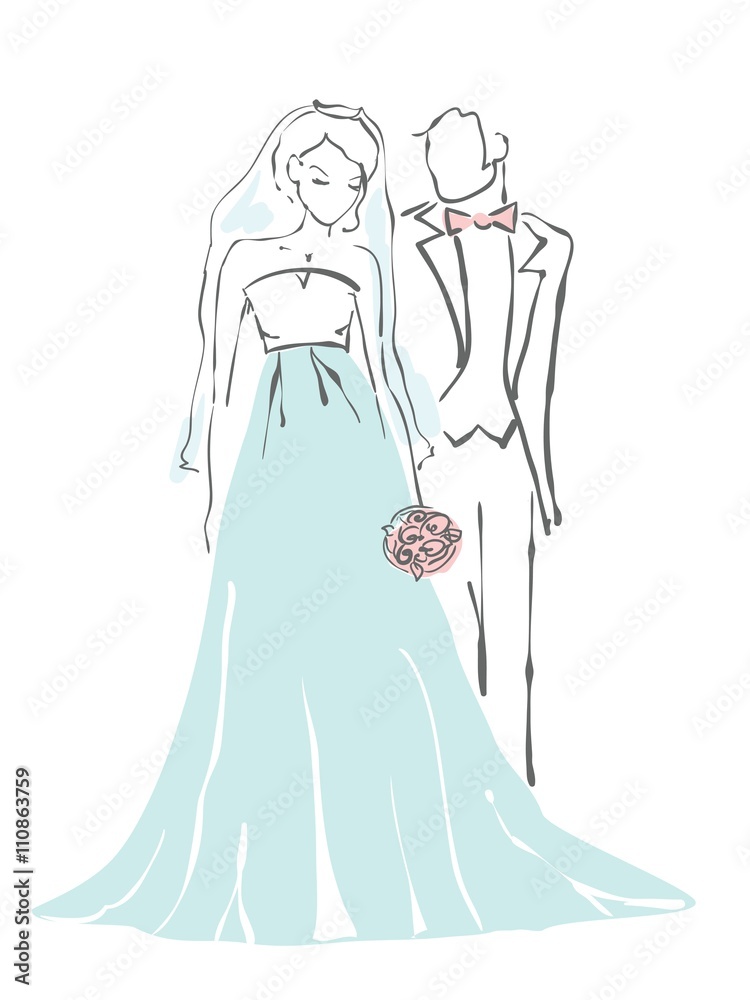 Silhouette of bride and groom. Wedding background for invitation. Hand drawing illustration Silhouette of bride and groom. Wedding background for invitation. Hand drawing illustration
