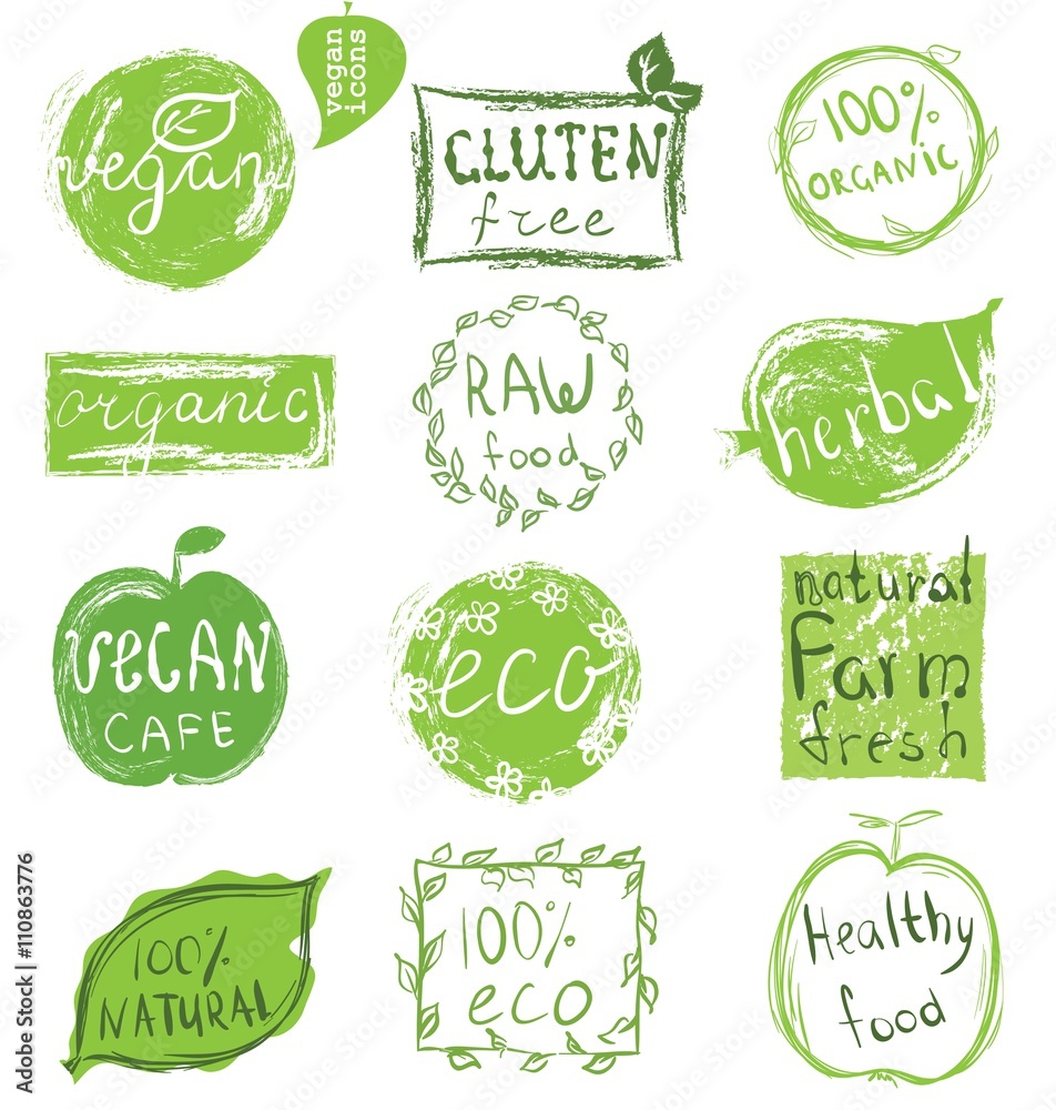 Set of badges, emblems, healthy organic food labels for vegetarian restaurant, vegan cafe menu Set of badges, emblems, healthy organic food labels for vegetarian restaurant, vegan cafe menu