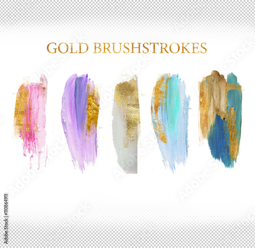 set of pastel tone brushstrokes with glitter gold