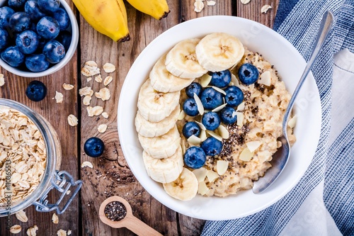 Breakfast: oatmeal with bananas, blueberries, chia seeds and almonds