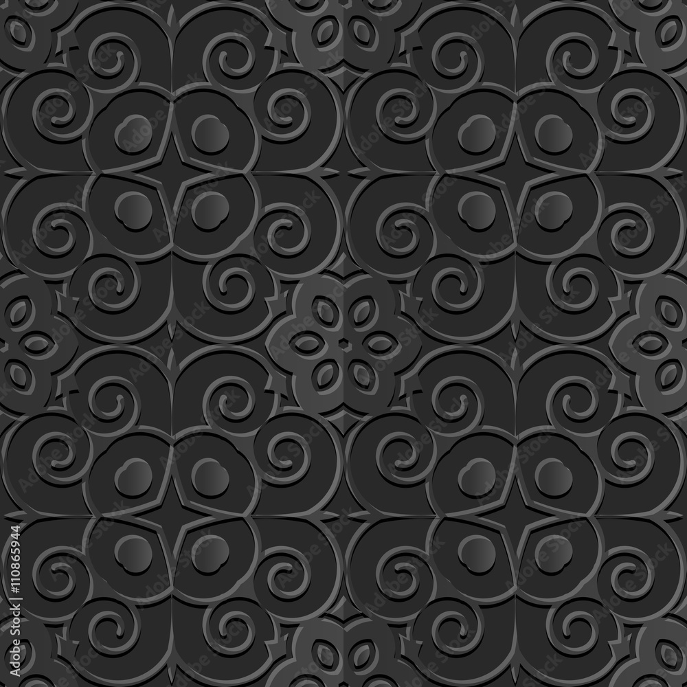 Seamless 3D dark paper cut art background 425 vintage round spiral flower kaleidoscope
