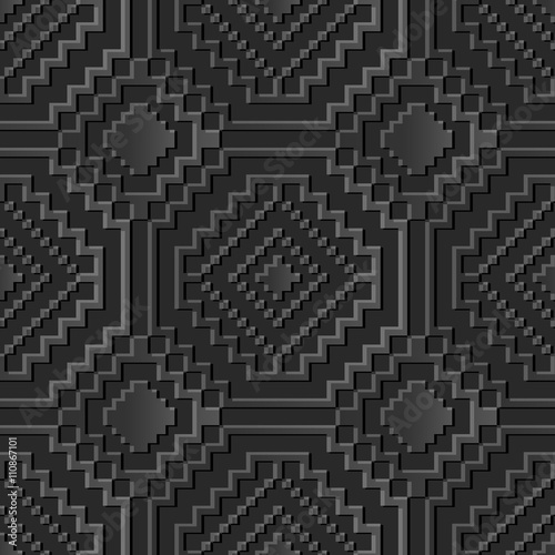Fototapeta Naklejka Na Ścianę i Meble -  Seamless 3D dark paper cut art background 444 square mosaic octagon geometry cross
