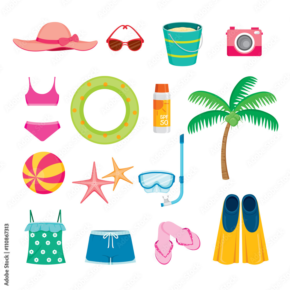 Summer Objects Icons Set, Equipment, Tool, Beach, Swimming, Sea ...