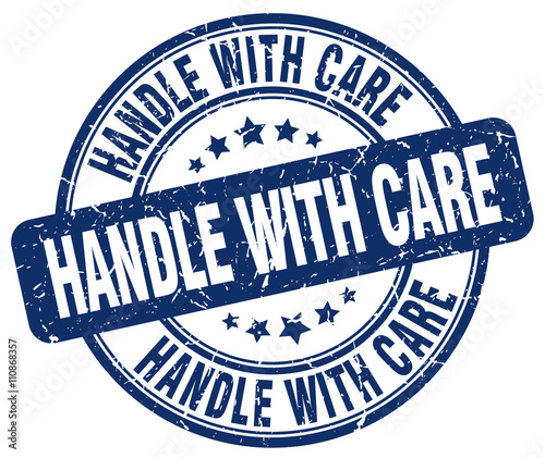 handle with care blue grunge round vintage rubber stamp