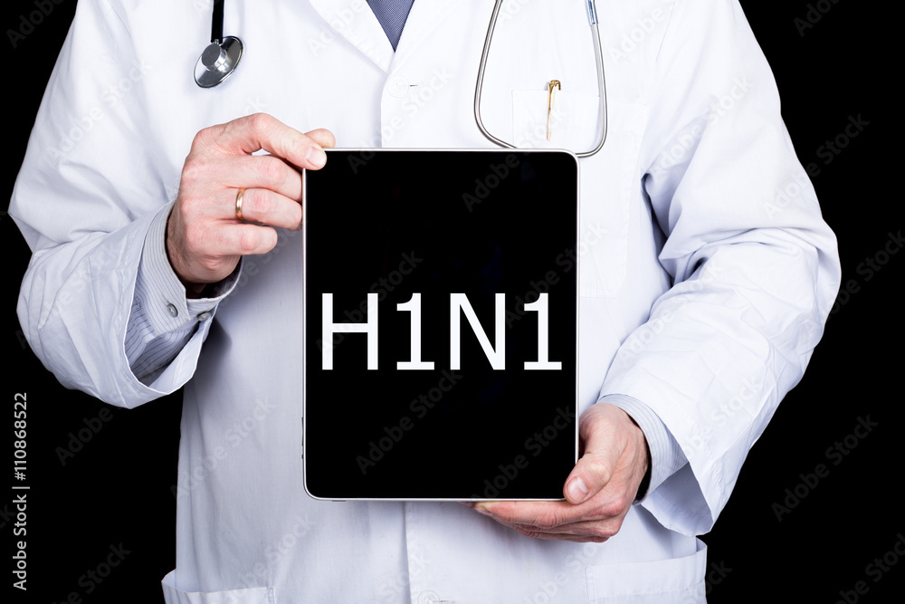 technology, internet and networking in medicine concept - Doctor holding a tablet pc with h1n1 sign. Internet technologies in medicine technology, internet and networking in medicine concept - Doctor holding a tablet pc with h1n1 sign. Internet technologies in medicine