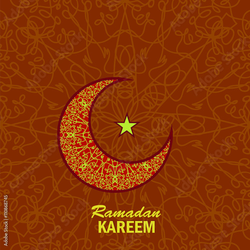 Ramadan Greetings Background. Ramadan Kareem Means Ramadan the Generous Month. Ramadan Greeting Card. Yellow Moon and Yellow Star on Red Ornamental Background