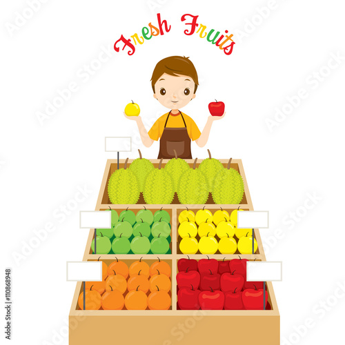 Male Shopkeeper With A Lot Of Fruits In Shop, Tropical Fruits, Healthy Eating, Food, Juice
