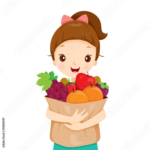 Girl Holding Bag Full Of Fruits, Tropical Fruits, Healthy Eating, Food, Juice