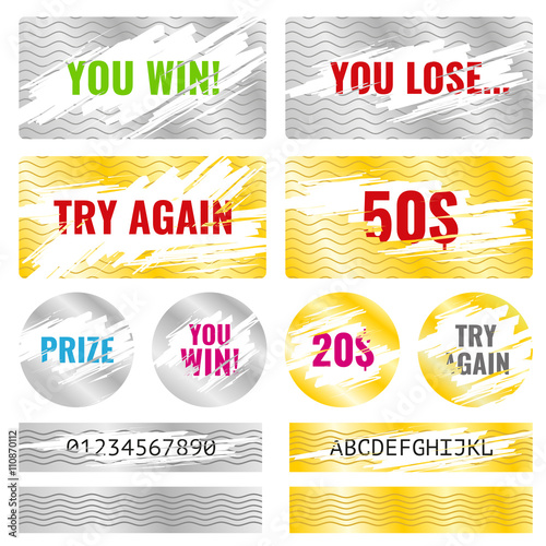 Scratch card game, scratch and win lottery vector elements. Lottery luck or lose, coupon chance win and card template lottery illustration