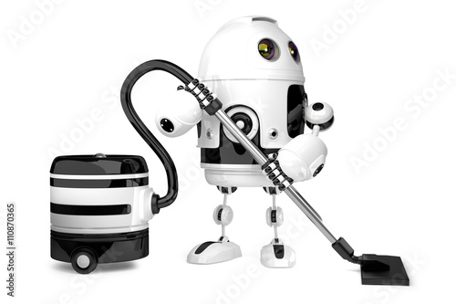 Cute Robot with vacuum cleaner. Isolated. 3D illustration. Conta
