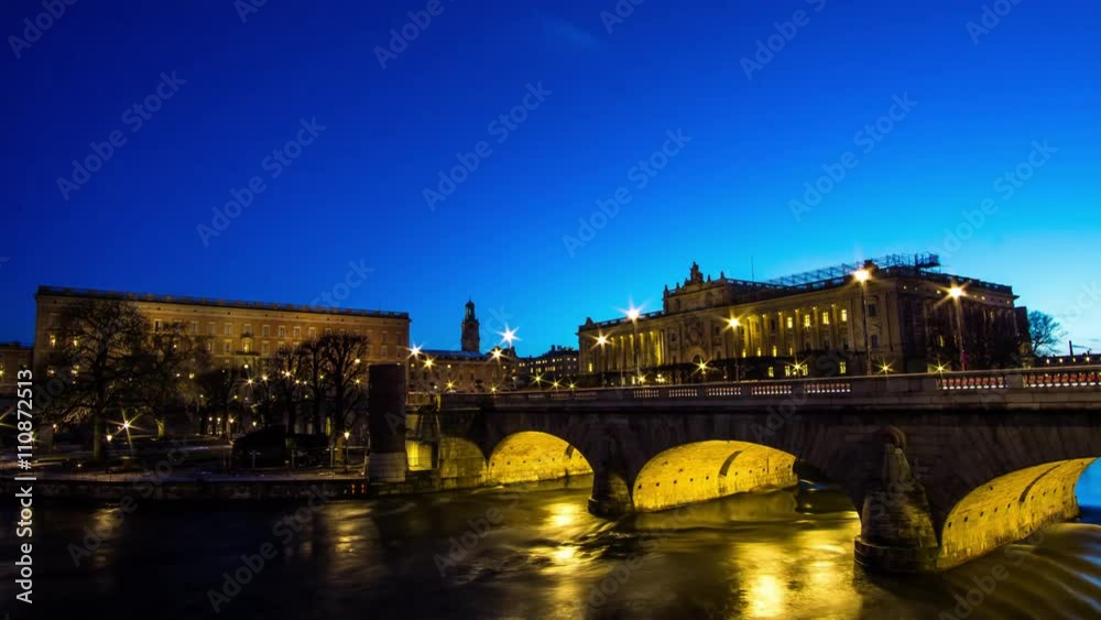 The Royal Palace in the city center of Stockholm to the left with waterway Stockholm ström in the foreground and the swedish parliament The Royal Palace in the city center of Stockholm to the left with waterway Stockholm ström in the foreground and the swedish parliament