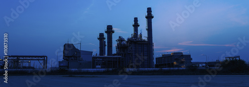 Gas turbine electrical power plant at dusk, panorama view