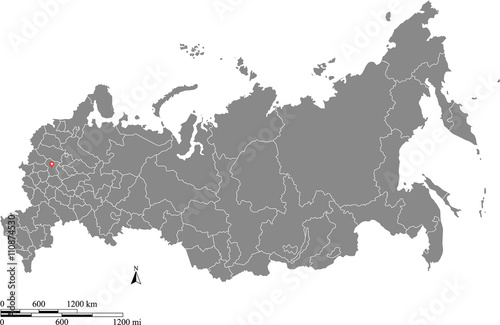 Russia map vector outline with scales of miles and kilometers in gray background