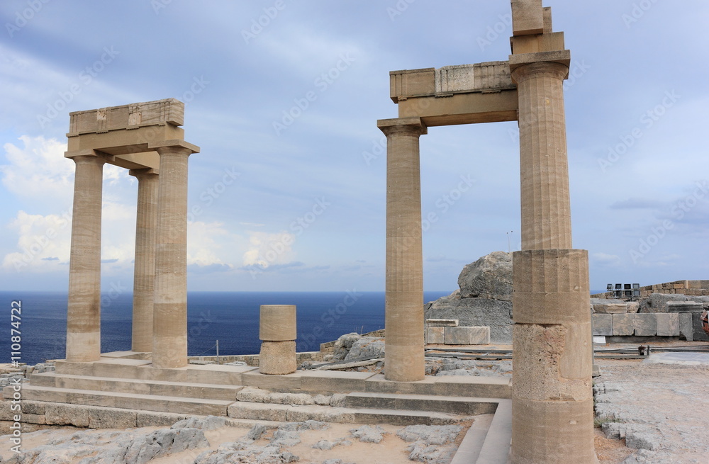 Columns of the Hellenistic stoa. Acropolis of Lindos. Rhodes, Greece.