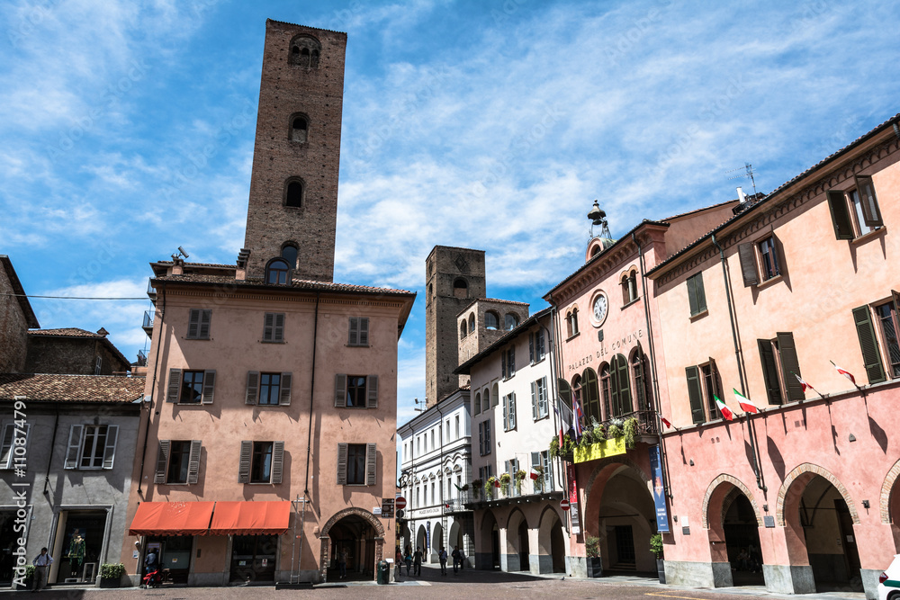 Square and towers in Alba, Italy
