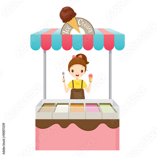 Girl With Ice Cream Shop, Summer, Frozen Food, Eating, Icy