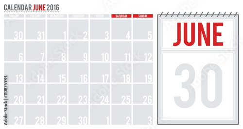 Calendar June 2016. June 2016 planning calendar. Vector illustra