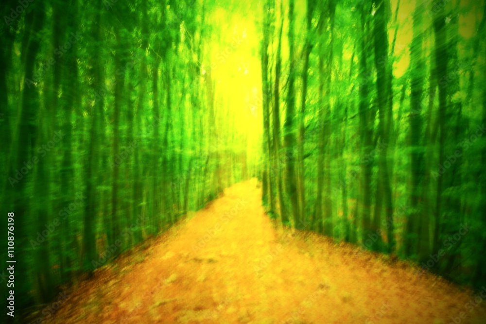 Naklejka premium Defocused forest for background. Blurred and de focused fresh green colors in forest