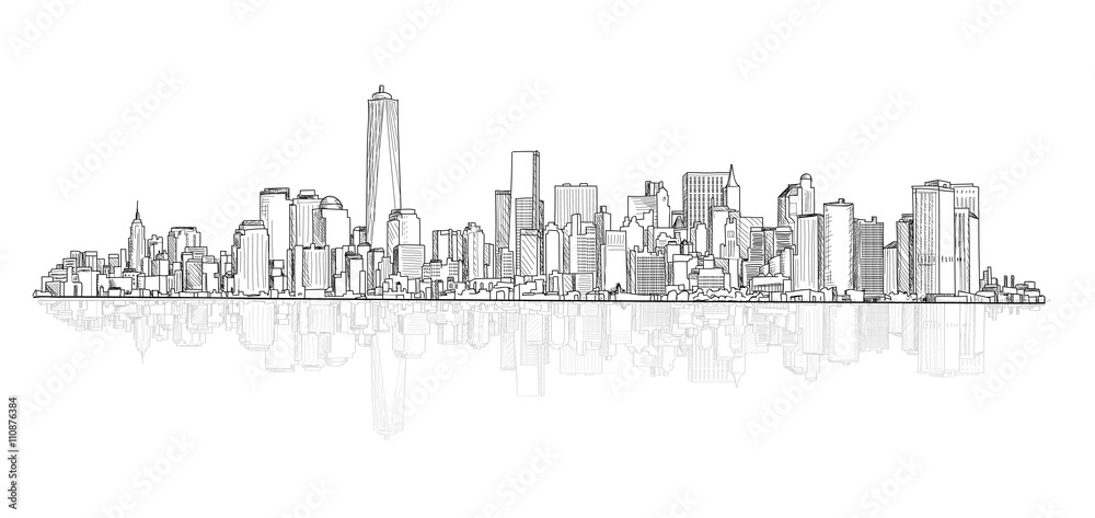 Fototapeta Panoramiczny widok na panoramę miasta. Szkic wektor budynków architektonicznych sceny miasta. Miejski gród.