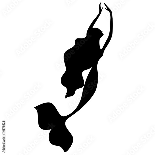  cute fairy  swimming  mermaid with long curly hair silhouette vector illustration, on white background