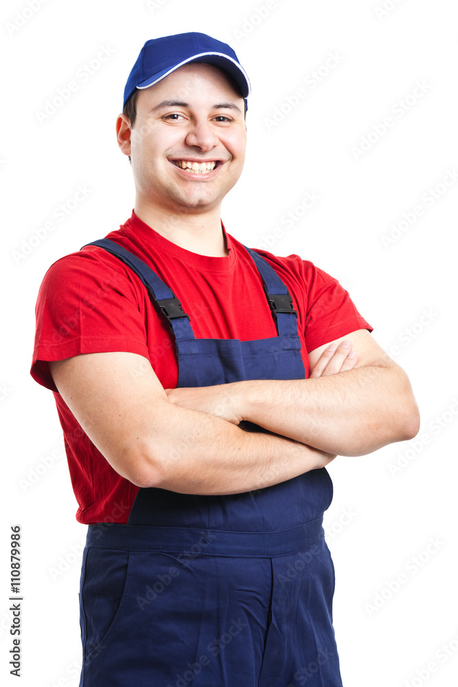 Cheerful worker isolated on white Cheerful worker isolated on white