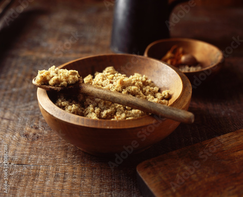 Savoury stuffing in wooden bowl, close-up